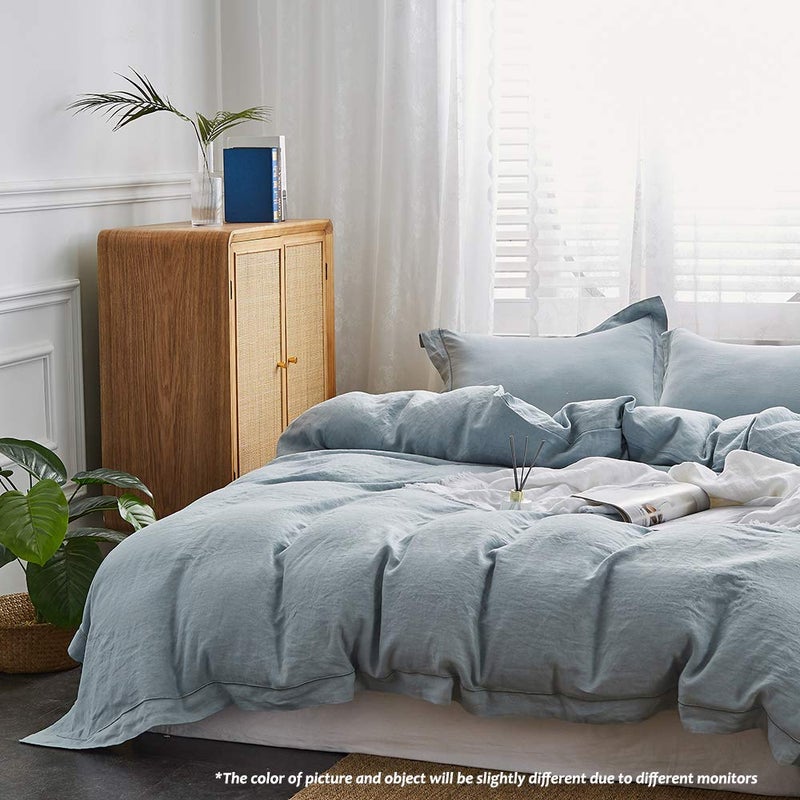Simple&Opulence 100% Linen Duvet Cover Set with Embroidery Border Washed - 3 Pieces (1 Duvet Cover & 2 Pillow Shams) with Button Closure Soft Breathable Farmhouse - Dusty Blue, Queen Size - Image 5
